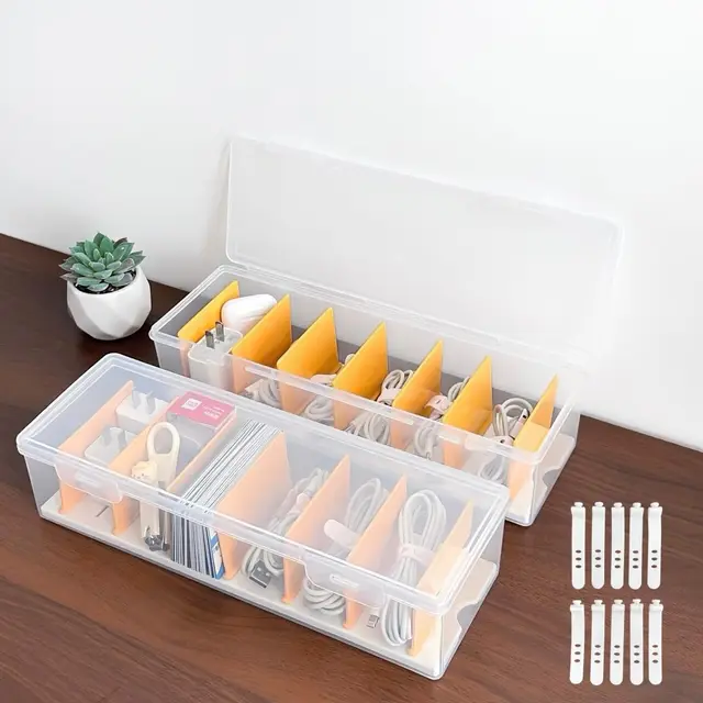 2 Stück Kabel Organizer Box mit Deckel, Kabel Aufbewahrungsbox mit 10 Kabelbinder und 7 Verstellbare Fächern,Kabelbox Kunststoff Transparent für Büro,Zuhause,Schreibtisch (2 Stück)