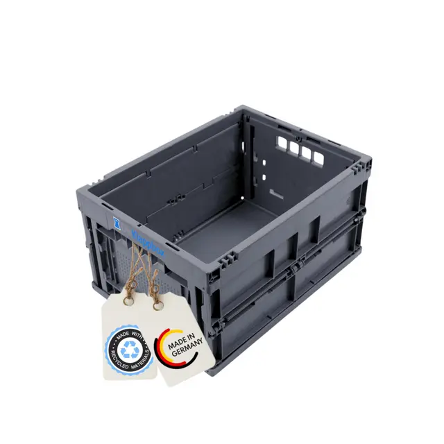 Klappbox faltbar stabil, Einkaufskiste klappbar, Transportbox, 60% Recycling-Plastik, Made in Germany, TÜV, 40x30x22 cm, Grau