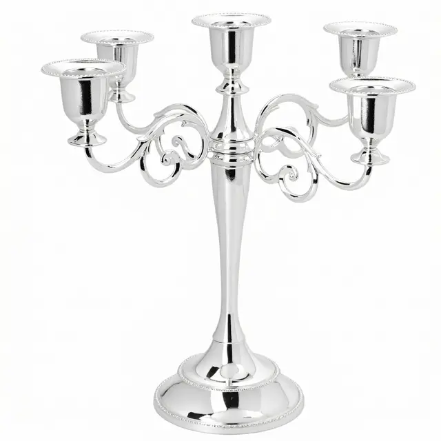 QWORK® 5-Armig Edler Silberner Kerzenständer aus Aluminium - 27cm - für stilvolle Tischdekoration für Hochzeit, Abendessen bei Kerzenschein, Hotel- und Hausdeko