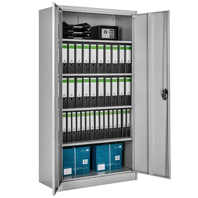 tectake® Aktenschrank, 180 x 90 x 40 cm, Büroschrank abschließbar, Mehrzweckschrank aus Stahl, Allzweckschrank, mit 2 Türen, Ink. 5 höhenverstellbare Einlegeböden, Aktenschrank abschließbar - grau