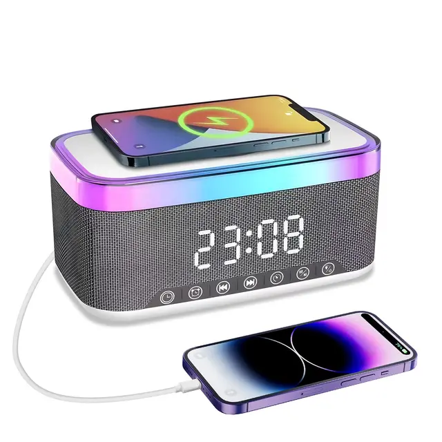 Radio wecker Digital mit Ladestation, 15W Fast Wireless Charger, Digitaler Radiowecker mit Bluetooth Lautsprecher, 13 LED-Leuchten, USB-Kabelloser Ladegerät, FM-Radio, Smart Wecker mit ladefunktion