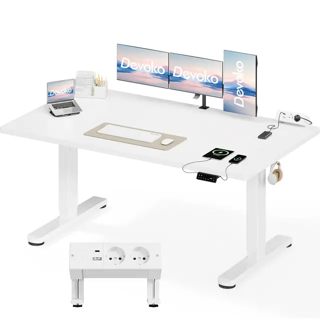 Devoko Höhenverstellbarer Schreibtisch 160x80cm, Dualmotor Elektrischer Stehschreibtisch mit 25mm Einteiliger Tischplatte, Touchscreen Steuerung, Computertisch mit Kabelmanagement & Steckdose