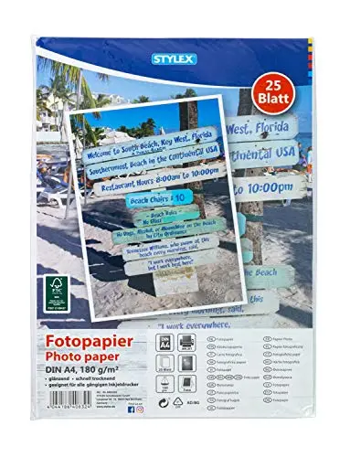 Stylex 40832 - Fotopapier, DIN A4, 25 Blatt, 180 g/m², glänzend, schnelltrocknend, geeignet für alle gängigen Inkjetdrucker