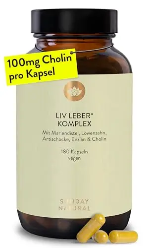 SUNDAY NATURAL® Leber Komplex - 180 Kapseln - mit Mariendistel, Cholin, Artischockenextrakt, Löwenzahn & Enzianwurzel - Hochdosiert, vegan, laborgeprüft in Deutschland