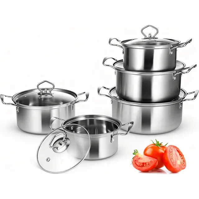 Topfset Induktion 10-Teilig, Topfset aus Edelstahl mit Glasdeckel und Stielkasserolle, Induktions Töpfe set, für alle Herdarten, unbeschichtet,Induktion Topf Kochtopf Set,Silber