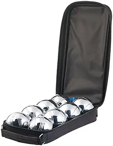 PEARL Boule Kugeln: Boule- & Boccia-Spiel: 8 Metall-, 1 Holz-Kugel, Abstandsmesser, Tasche (Boccia Kugeln Metall, Set 8, Kinder Geschenkideen)