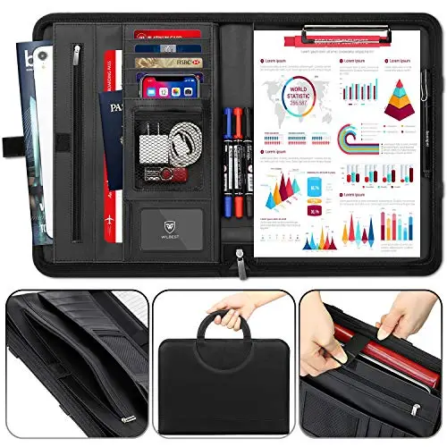 A4 Schreibmappe, Multifunktions Ledermappe, Große Fächern für Tablet, Reißverschlussfach, Facheinschließlich Schreibbloc, 4 Kartenfächer, Faltbaren Magnetgriffen, Wasserdicht Dokumentenmappe