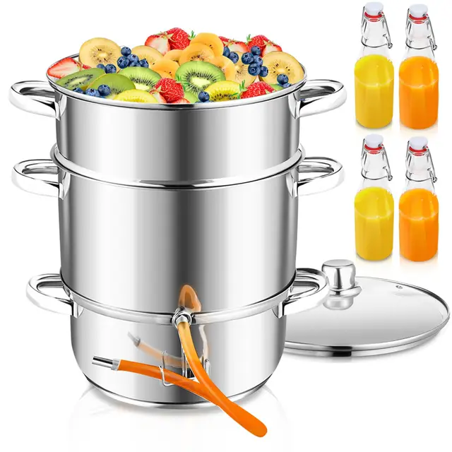 Dampfentsafter Ø26/16L Edelstahl Entsafter Saftpresse für alle Herdarten geeignet, Wasserbehälter ca. 4.5Liter, Schonendes Entsaften von Obst und Gemüse, mit 4 Bügelflasche, Silber