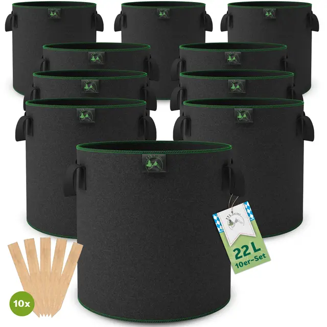 TTL Garden 10x 22L Pflanzsack aus Vlies Stoff - aus 300 g/m² Filz & Vlies - | 10er Set 20L +10% = 22 Liter Pflanztaschen Vliesstoff - Pflanzgefäß Pflanzbeutel für Balkon Terrasse Gewächshaus & Garten