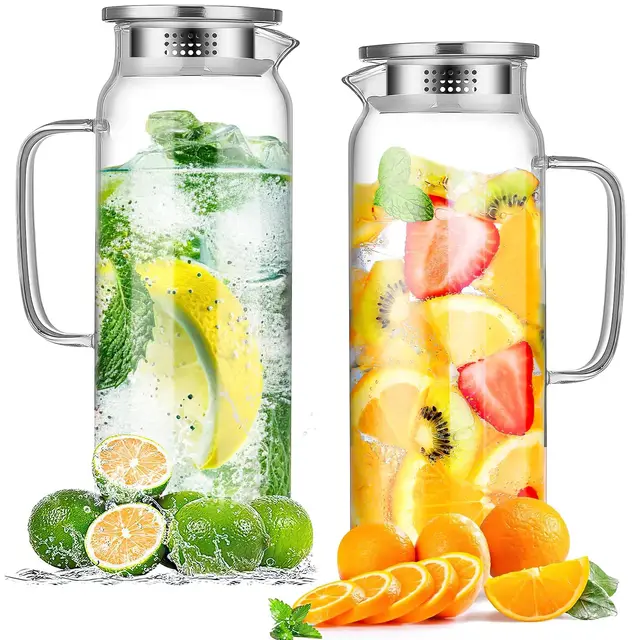 2 Stück Glaskaraffe Wasserkrug 2 L mit Edelstahl Deckel | Wasserkaraffe aus Borosilikatglas Wasserkrug Glas. Milch. Karaffe. Glass carafe 2 liter