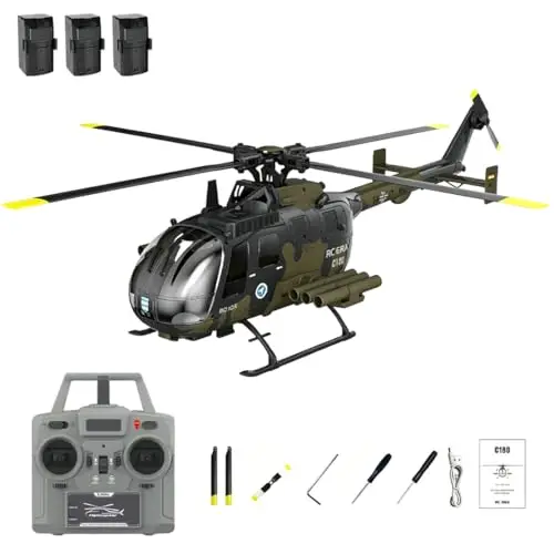 C180 BO105 Brushless RC Hubschrauber mit One-Key Start/Inverted Flug, 6CH 6-Achsen Gyro RC Helikopter mit barometrischer + TOF-LiDAR-Höhenhaltung und Optical Flow Positionierung (Tarnung/3 Batterie)