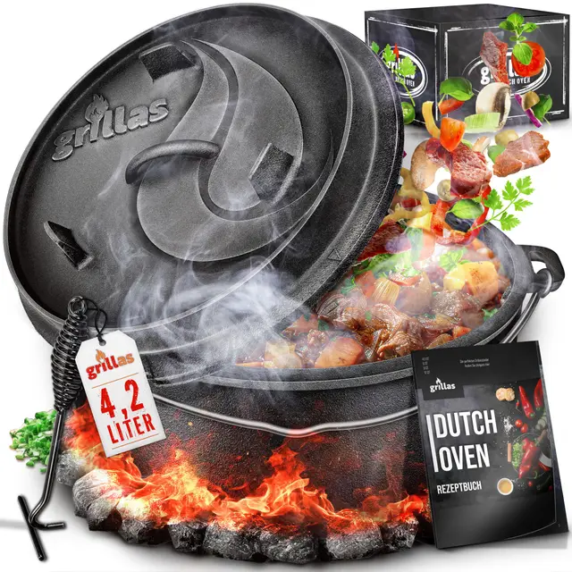 grillas Dutch Oven Set inkl. Rezeptideen | bereits eingebrannt - preseasoned | Feuertopf Gusseisen I Bräter mit Deckelheber und Henkel (Topf ohne Füße, 4,2 Liter / 4,5 QT)