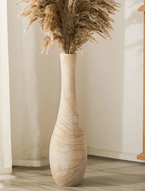 Hanobe Vase Deko Groß Bodenvase: Holz Hoch Boden Vasen Skandinavische Deko XXL Flur Wohnzimmer - 56cm Landhausstil Natur Blumenvase mit Loch für Pampasgras