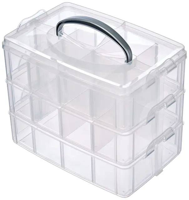 Rayher Sortierbox Aufbewahrung mit Griff,Transparent, groß, 23.1 x 18.5 x 15.6 cm,3 Etagen m. 17 Fächern,für Bastel-Material,Spielzeug, Büro-Utensilien,Accessoires–übersichtlich,stabil (39320000)