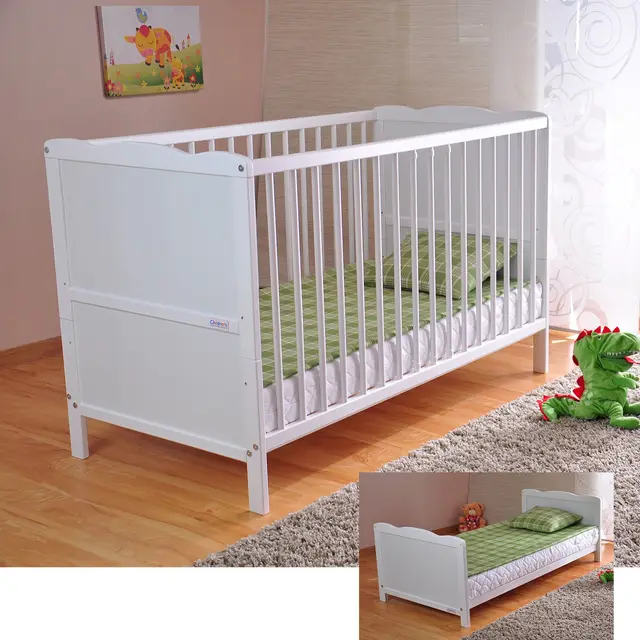 Marsell Baby Gitterbett Babybett und Kinderbett mit Aloe Vera Schaumstoffmatratze Zahnschienen und höhenverstellbar Weiß, umbaubar zum Juniorbett