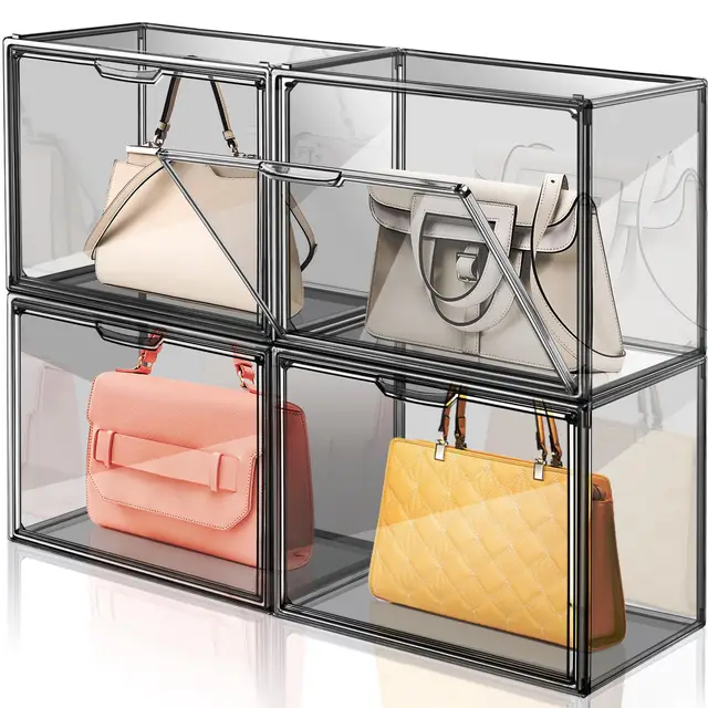 4 Packungen Transparente Kunststoff-Handtaschen-Aufbewahrungs-Organizer für Schrank, Graues Acryl-Vitrine für Handtasche Geldbörse, Stapelbare Aufbewahrungsboxen