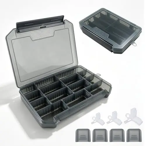2 Stück Köderbox Angeln, Kunststoff Tackle Box Angeln, Leer Angelköder Box mit 30 Fischhaken Schutzhülle, Angelkiste mit Fächern, 20.5x14.5x2.7cm, Angelbox für Kunstköder Haken und Wirbel