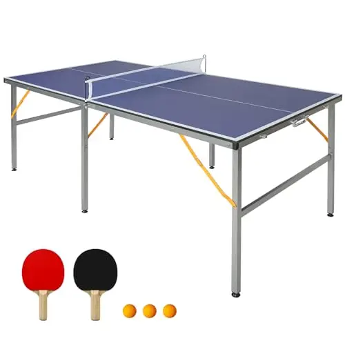 182x91cm Tischtennistisch Faltbar & Tragbar Mid-Size Ping Pong Tisch Set für Indoor & Outdoor Spiele mit Netz, 2 Tischtennisschläger & 3 Bälle
