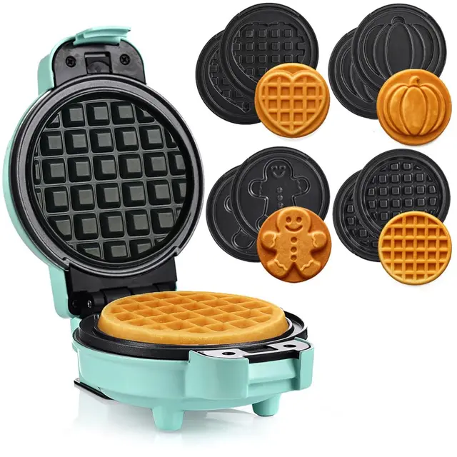 LEHMANN Mini Waffeleisen mit Wechselplatten 4-in-1 - Herz, Klassisch, Kürbis, Lebkuchen, Antihaftbeschichtung, Kleines Waffeleisen für Kindergeburtstage & Familienfeiern, Mintgrün