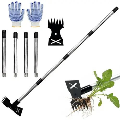 150cm Unkrautstecher mit langem Stiel, 2-in-1 Unkrautrechen und Gartenhacke, Unkrautentferner aus Gussstahl, Rückenschonender Unkrautjäter für Garten, Rasen und Beete, Verstellbarer Unkrautzieher