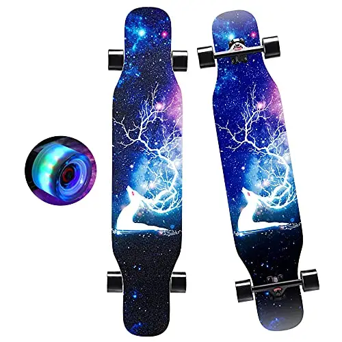 Longboard 43 Zoll, Komplettes Skateboard mit LED-PU-Rädern und Schutzausrüstung, 7 Etagen Ahornholz Longboard für Anfänger Kinder, Teenager, Jungen, Mädchen und Erwachsene