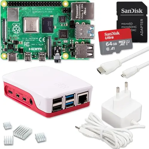 Raspberry Pi 4 4GB Starter-Set | Ultra 64GB SD Karte | USB-C Netzteil 15W | Gehäuse | 4K Micro HDMI Kabel | Kühlkörper Set | Ideal für Smart Home, Retro Gaming & Home Assistant