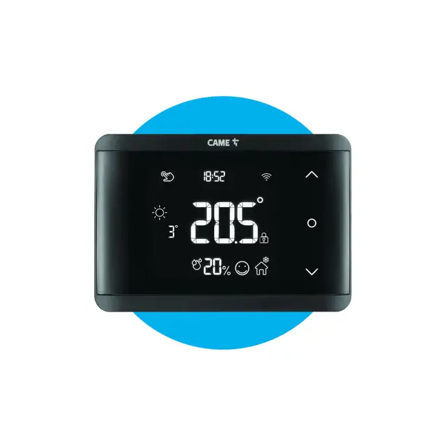CAME Wand-Thermostat TH/750, WLAN, App und Touchscreen, Doppelrelais für Heizung und Klimatisierung, Hintergrund- und Statusbeleuchtetung, kompatibel mit Alexa und Google Home, Stromversorgung 230V