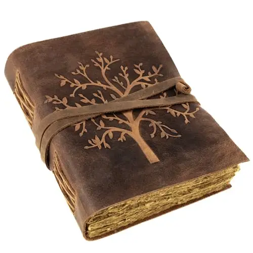 moonster Vintage Leder Notizbuch Baum des Lebens 20x15cm – Handgefertigtes Tagebuch mit 240 Seiten Baumwoll-Büttenpapier – Blanko Skizzenbuch & Lederbuch für Damen & Herren