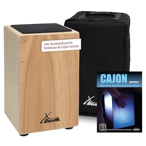 XDrum Cajon Primero Natur - Kistentrommel inkl. Rucksacktasche und Schule - Trommelkiste mit Snare Sound - Holz Drum Kiste mit Gigbag