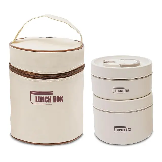 Kongming Thermobehälter für Essen mit Tasche & Besteck, 2 Stück Thermo Lunchbox Edelstahl 304, Essen Warmhalten Behälter Auslaufsicher für Zuhause, Büro, Picknick (Beige, 440ml & 600ml)
