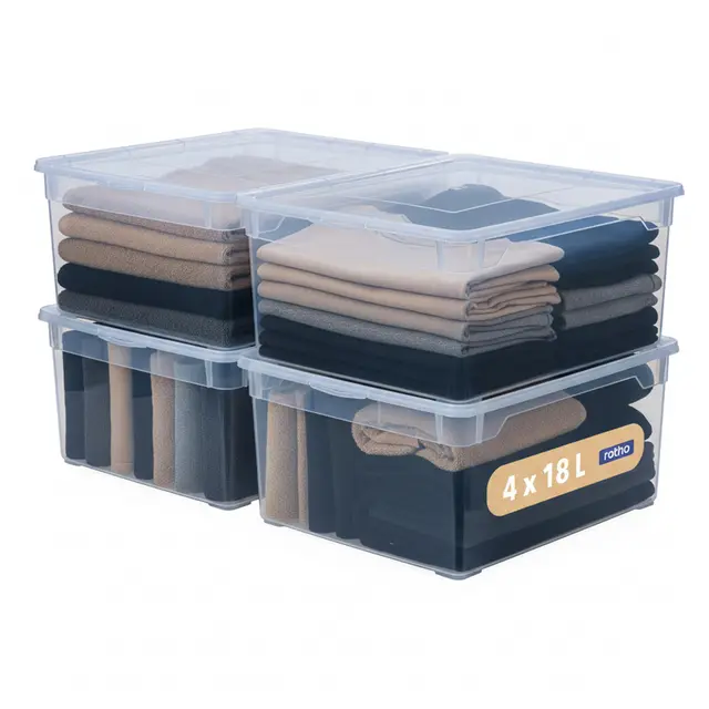 Rotho Clear 4er-Set Aufbewahrungsboxen mit Deckel 18l | Stapelboxen perfekt für Aufbewahrung Kleidung | sicher verschließbar | stapelbar & platzsparend | pflegeleicht | transparent blau