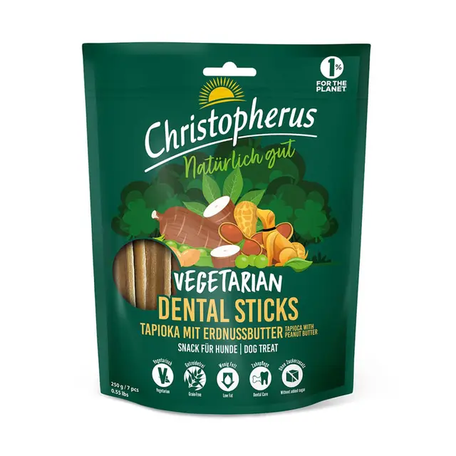 Christopherus Vegetarische Dental Sticks für ausgewachsene Hunde, Leckerli für Hunde, Tapioca + Erdnussbutter, 250 g