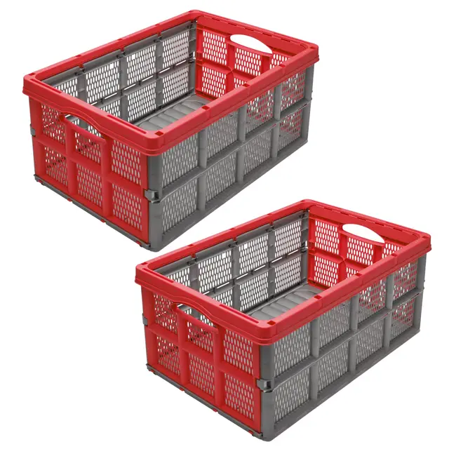 Garronda 2 Pack faltbare Klappbox 51 x 34,5 x 22,5 cm aus Kunststoff HDPE klappbare Aufbewahrungsbox für Transport Lagerung und Ernte im Auto Garten und Haushalt stapelbar GD-0188 (Grau/Rot)