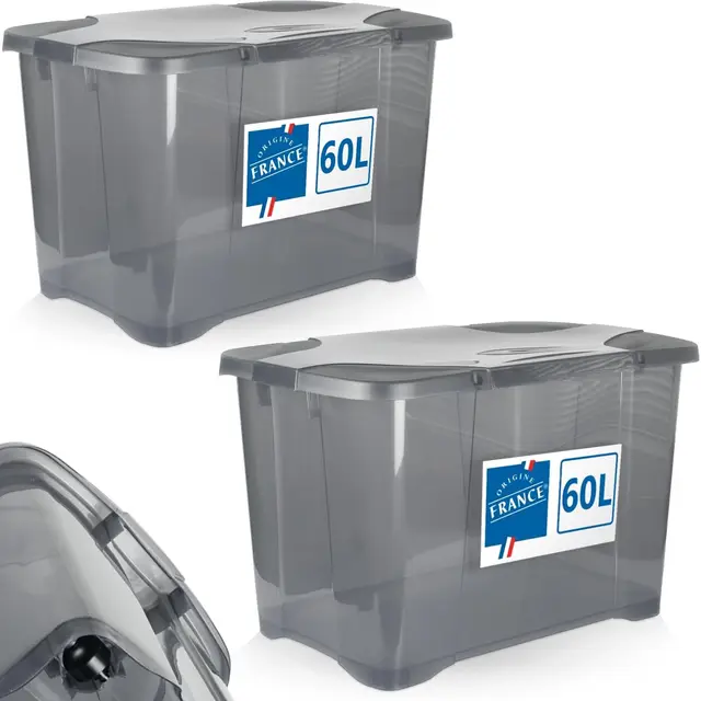 Stimo 2x 60L Aufbewahrungsbox mit Deckel und Rollen große Box rollbar (Grau-Transparent)