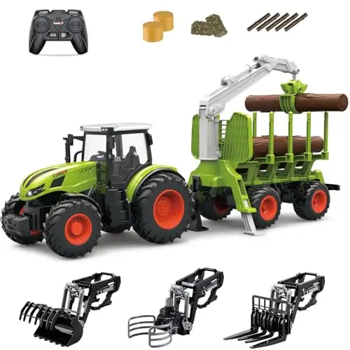 fisca Ferngesteuerter Traktor, RC Ackerschlepper mit Anhänger, inklusive Traktor, Holzgreifer, Holzleisten und Greifer, Forker, Trägerarm, Bauernhof Spielset Farm für Kinder 5 6 7 8+ Jahre