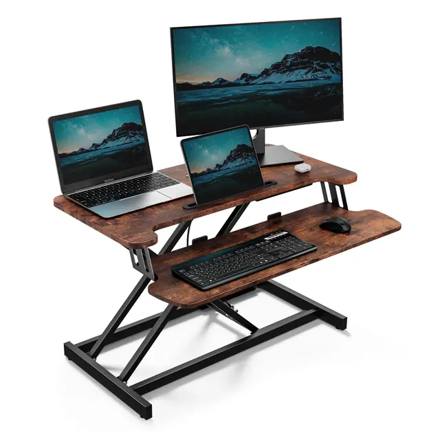 VonHaus Schreibtischaufsatz Höhenverstellbar, Dunkleholz 80 x 40 cm Steh-Sitz-Arbeitsplatz für Dual-Monitor & Tabletfach, Stehpult-Konverter mit Zwei Ebenen, Schreibtisch erhöhung mit Tastaturablage