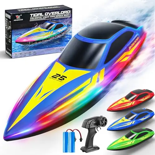 Ferngesteuertes Boot mit LED Beleuchtung,7 Lichtmodi,2.4 GHz RC Boot mit bis zu 15km/h,Auto-Flip & Sicherheitswarnung,2 Akkus,für Pool und See als Wasserspielzeug,Geschenk für Jungen und Mädchen.—Blau