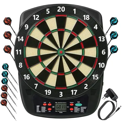 Elektronische Dartscheibe Profi Set 32 Spiele&590 Varianten mit Soundeffekte LCD-Bildschirm, 6 Darts 50 Dartköpfe Netzadapter, E-Darts Dartautomat für Hause Partys Garten Bar 1-8 Spieler