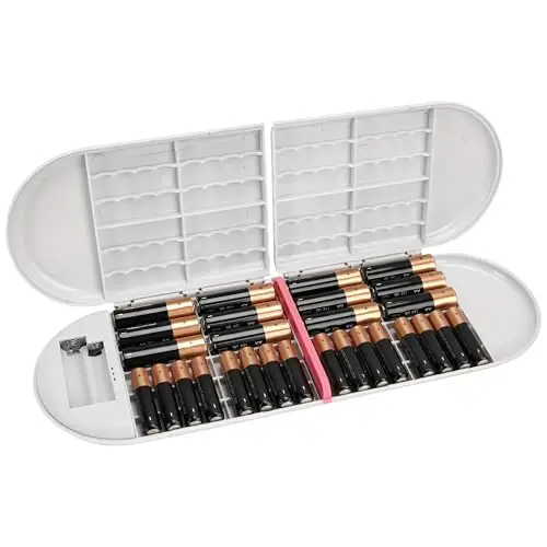 Linkidea Batterieaufbewahrungsbox mit Ladezustandsanzeige, tragbarer Batterieorganizer für 12 AA-, 12 AAA- und Knopfzellenbatterien (Grau, Batterien Nicht enthalten)