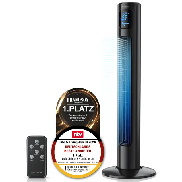 Brandson - Turmventilator mit Fernbedienung 96 cm - Preisträger 2026 - mobiler Lüfter leise - Standventilator Oszilation - 3 Geschwindigkeiten 3 Modi Timer - Ventilator mit GS - Kosmosschwarz