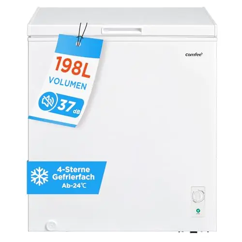 Comfee 198L Gefriertruhe, leise 37 dB, 4-Sterne-Gefrieren, Kühl-/Gefrier-Konvertierung (1–10°C / -24––12°C), 24‑h‑Schnellgefrierung 9kg, Energiesparender Inverter-Kompressor, Aluminium-Innenraum