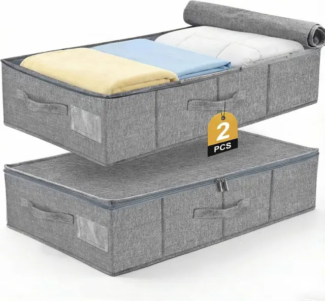 2er Set Unterbett Aufbewahrungsbox 17cm Hoch - Unterbettkommode mit Decke aus Leinenmaterial, 3 Griffen + Doppelreißverschluss, Bettkasten Aufbewahrung für Bettwäsche und saisonale Kleidung