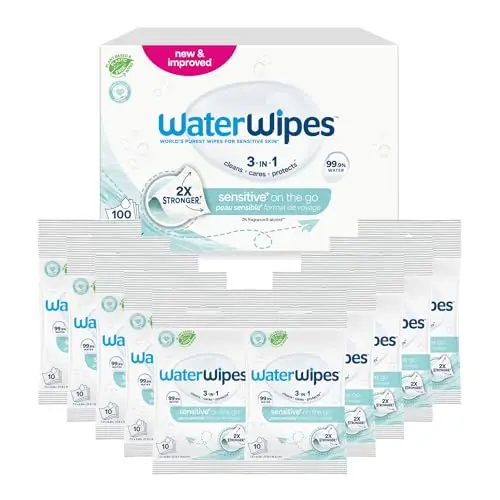 WaterWipes Sensitive+ On The Go Wipes, Unterwegs-Tücher, 100 Stück (10 Packungen), 3-in-1 reinigt, pflegt, schützt, 99,9% Wasser, unparfümierte Feuchttücher