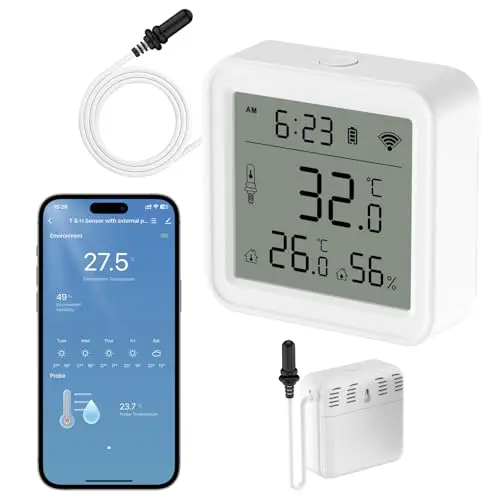 WLAN Hygrometer Thermometer Innen, LCD Digital Luftfeuchtigkeitsmesser mit Bildschirm, Externem Sensor und für Gewächshaus Keller Reptilien Inkubator, Arbeit mit Smart Life/Tuya/Alexa