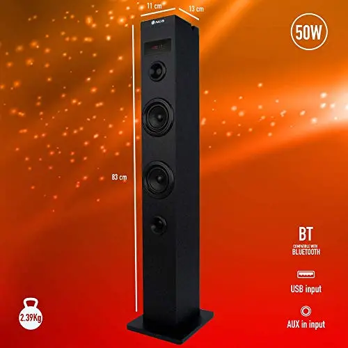 NGS Sky Charm - 50W Bluetooth Sound Tower mit Fernbedienung, Optischem Eingang, USB, FM Radio und AUX IN (Schwarz)
