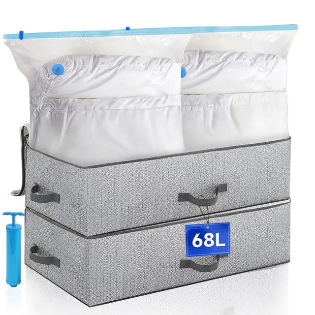 Unterbett Aufbewahrungsbox Set, 2 Stück Unterbettkommode, 2 Vakuumbeutel, Faltbare Unterbett Aufbewahrung Kleidung mit Deckel Vakuum Aufbewahrungstasche für Bettdecken Kleidung