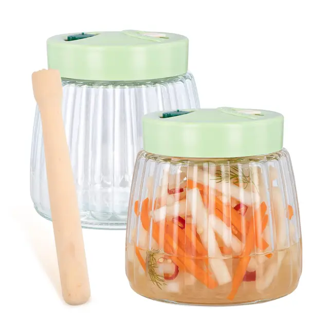 2 Stück Fermentierglas 1L mit Entlüftungsventil, 2 Glas Fermentiergewichte 7cm, Fermentier-Stampfer aus Holz, Gärglas mit Doppelventil, Kimchi Behälter für Sauerkraut, Marmelade, Sauerteigstarter