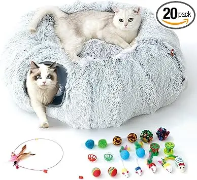 FURRYPAWS Katzentunnelbett mit 20 Spielzeugen, multifunktionaler Donut-Katzen-Spieltunnel, faltbar, Plüsch, Haustierhöhle, Versteck mit Blicklöchern und Ball, für Kätzchen, Kaninchen, Meerschweinchen