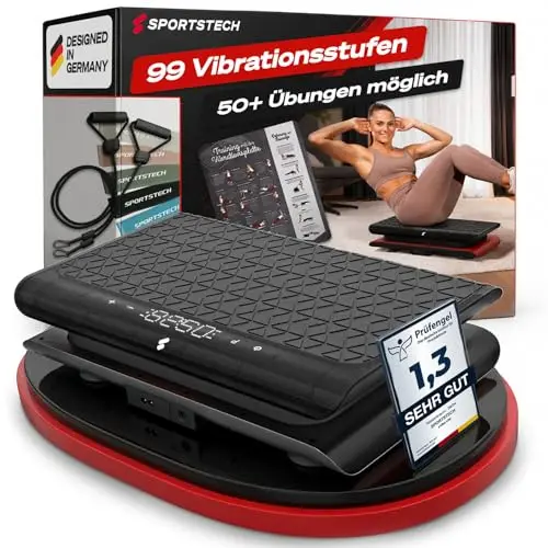Sportstech Vibrationsplatte für Zuhause | Abnehmen, Fettverbrennung & Muskelaufbau | Oszillation, 99 Intensitätsstufen, Bluetooth-Fernbedienung | leiser Motor bis 120 kg | Trainingsbänder | sVibe Lite