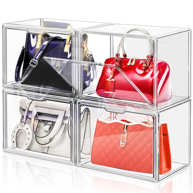 4 Packungen transparente Kunststoff-Handtaschen-Aufbewahrungs-Organizer für Schrank, Acryl-Displaybox für Handtasche, stapelbare Aufbewahrungsboxen, Buch, Spielzeug